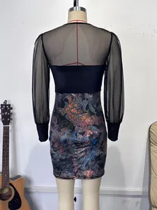 Detailed back view of a sexy mesh patchwork bodycon dress featuring colorful paisley print