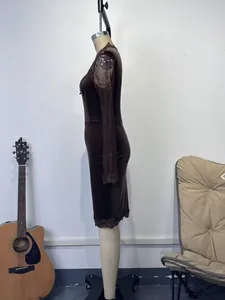 Elegant brown velvet bodycon dress featuring delicate lace long sleeves and hem detail