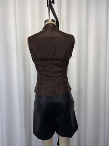 Professional rear view of a fitted brown PU leather sleeveless vest displayed on a mannequin