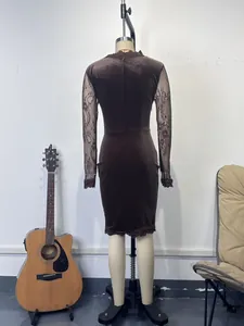 Detailed back view of a brown velvet bodycon dress featuring delicate lace sleeves