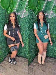 Trendy two-color short-sleeved button-up romper with waist-slimming fit for women