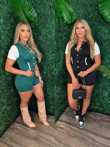 Trendy slim fit color-block short sleeve romper with front buttons for summer style