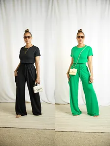 Women Top And Bottom Fashion Casual Short Sleeve Crop Top High Waist Cargo Wide Leg Pants Polyester Knitted Streetwear Outfit