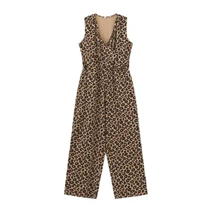 Stylish cotton leopard print maternity jumpsuit with nursing access and wide leg