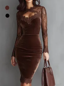 Women Sexy Lace Patchwork Long Sleeve Bodycon Dress V-Neck Hollow Out Slim Fit Party Velvet Look Polyester Midi Dress