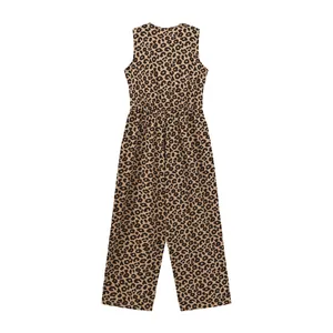 Back view of leopard print maternity jumpsuit with elastic waist and sleeveless design