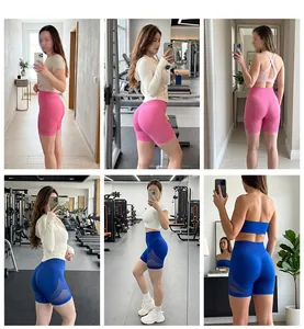 Collage showing breathable mesh yoga shorts in pink and blue from multiple angles.