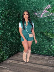 Green short sleeve tight waist button romper for women 2025 summer fashion trend