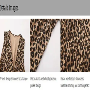 Close-up details of leopard print maternity jumpsuit showing V-neck and pockets.