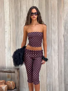 Damen Polka Dot Oberteil Und Unterteil Ärmelloses Tube-Top Und Capri-Leggings Schlanke Passform Lässiges Outfit Für Den Sommerurlaub