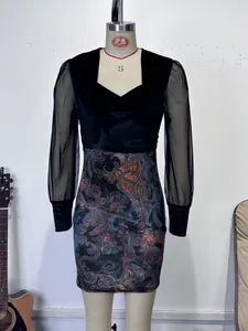 Sheer mesh sleeve dress with velvet top and paisley print bodycon skirt for women