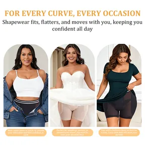 High-waist padded shapewear for women shown under jeans, wedding dress, and skirts