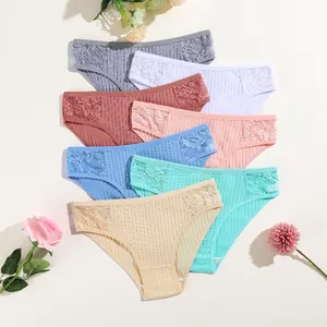 Culottes en Coton Côtelé pour Femmes Taille Basse Dentelle Slips Respirants Double Entrejambe Couleur Unie Lingerie