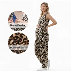 Cotton Leopard Print Maternity Jumpsuit Sleeveless Nursing Romper V Neck Top And Bottom High Elastic Breastfeeding Jumpsuit