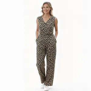 Stylish sleeveless cotton leopard print maternity jumpsuit for casual nursing wear