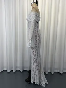 Side view of white off-the-shoulder lace evening gown with elegant bell sleeves