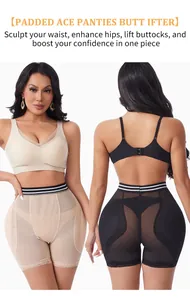 Front and back views of high waist mesh butt lifter shapewear with padding and lace trim