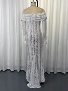 Elegant white lace off-shoulder evening dress with bell sleeves and hollow-out detail