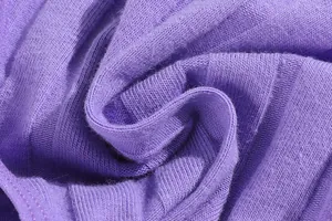Detail shot of breathable purple ribbed cotton fabric showing soft knit texture.