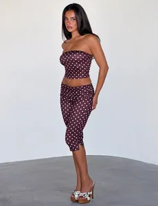 Zweiteiliges braunes Polka-Dot-Set mit trägerlosem Top und 7/8-Hose für Damen mode