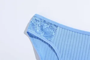 Détail en gros plan de culottes en coton côtelé bleu avec des empiècements en dentelle