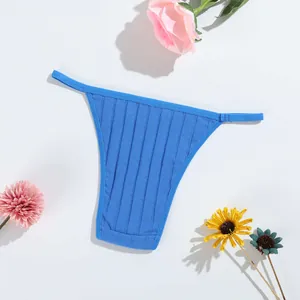 Detail of blue ribbed cotton thong panty showing comfortable texture and low waist
