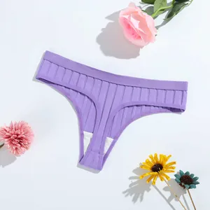 Detailed view of purple ribbed thong with breathable cotton crotch lining
