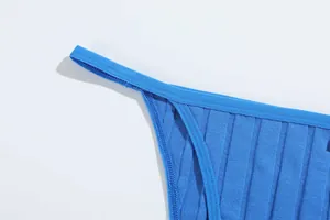 Close-up detail of blue ribbed cotton fabric and fine stitching on a low-waist thong