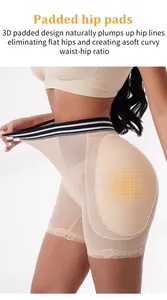 High-waisted padded hip enhancer shapewear with lace trim and breathable mesh fabric.