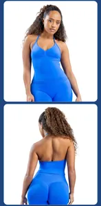 Voor- en achterkant detail van een levendig blauwe halter sport yoga vest voor dames