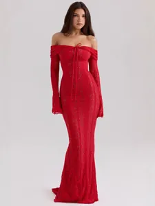 Elegant red lace off-the-shoulder evening gown with flare sleeves and slim fit.
