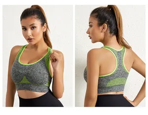 Détails avant et arrière du soutien-gorge de sport gris et vert néon pour le yoga et le fitness