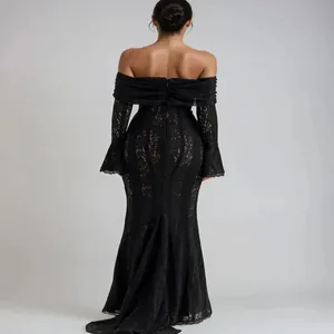 Elegant black lace off-shoulder evening dress with bell sleeves and mermaid silhouette