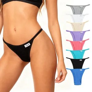 Women Low Waist Cotton Ribbed Thong Breathable T-Back Panties With Letter Label Rib Knit Soft Briefs Underwear