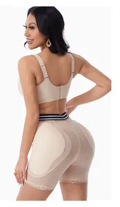 Back view detail of nude high-waist butt lifter shapewear with lace trim and mesh panels.