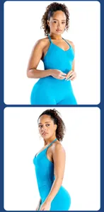 Detailweergave van de voor- en zijkant van een helderblauwe halterneck yoga sportvest voor dames