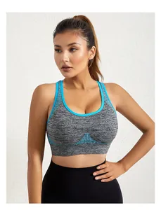 Détail du soutien-gorge de sport gris et bleu résistant aux chocs pour yoga et fitness