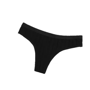 Breathable black ribbed cotton thong underwear with a low waist design for women