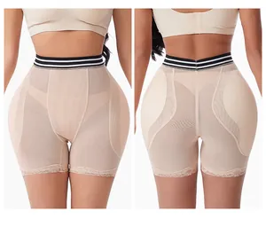 Professional front and back view of high waist padded shapewear shorts with lace trim
