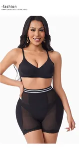 Detail showing high-waist mesh shapewear with lace trim for tummy control.