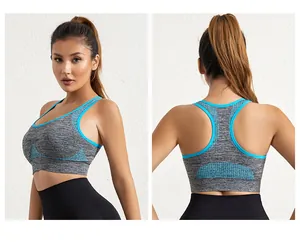 Détails du soutien-gorge de sport gris sans couture montrant l'avant et l'arrière