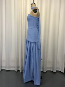 Side view of light blue strapless floor-length dress with a long neck sash detail