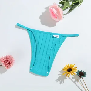 Comfortable turquoise ribbed cotton thong panties for women with low waist design