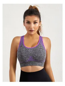 Vue de face d'un soutien-gorge de sport gris et violet sans couture sur un modèle
