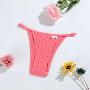 Soft and breathable pink ribbed cotton thong with low waist and sweet embroidery detail