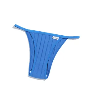 Comfortable blue ribbed cotton thong underwear for women with stylish low waist design