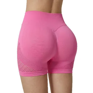 Breathable pink mesh yoga shorts with high waist for women running and fitness training