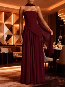 Women Sexy Bandeau Slit Maxi Dress Halter Streamer Backless Elegant Evening Gown Solid Color Polyester Spandex Formal Party Dress