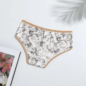 Vintage floral print women's milk silk briefs with comfortable beige elastic trim