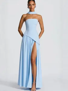 Elegant light blue strapless floor-length evening gown with high slit and matching choker.